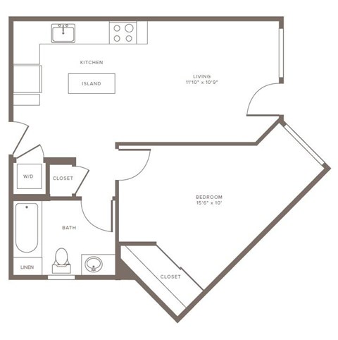 Floor plan for 1 bed, 1 bath, 626 sqft